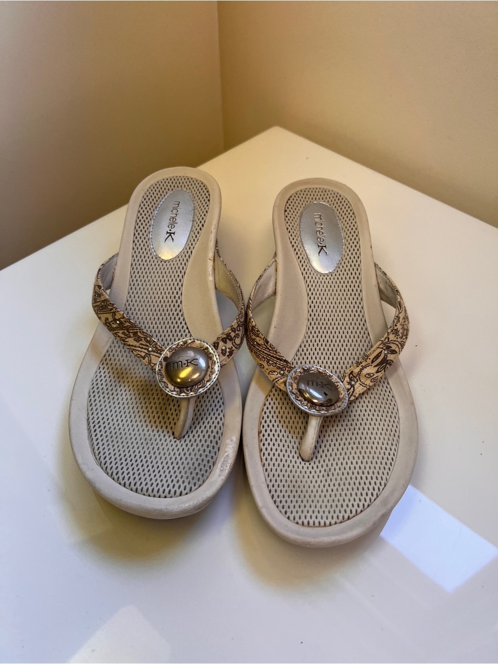 Beige Printed Thong Sandal with Decorative Accent